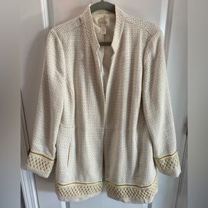 CHICOS Textured Embellished-Trim Jacket blazer longline white cream gold